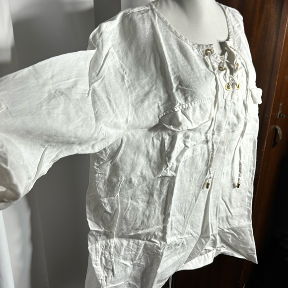 Vintage plus size Ellen Tracy white linen long sleeve top - Picture 5 of 7